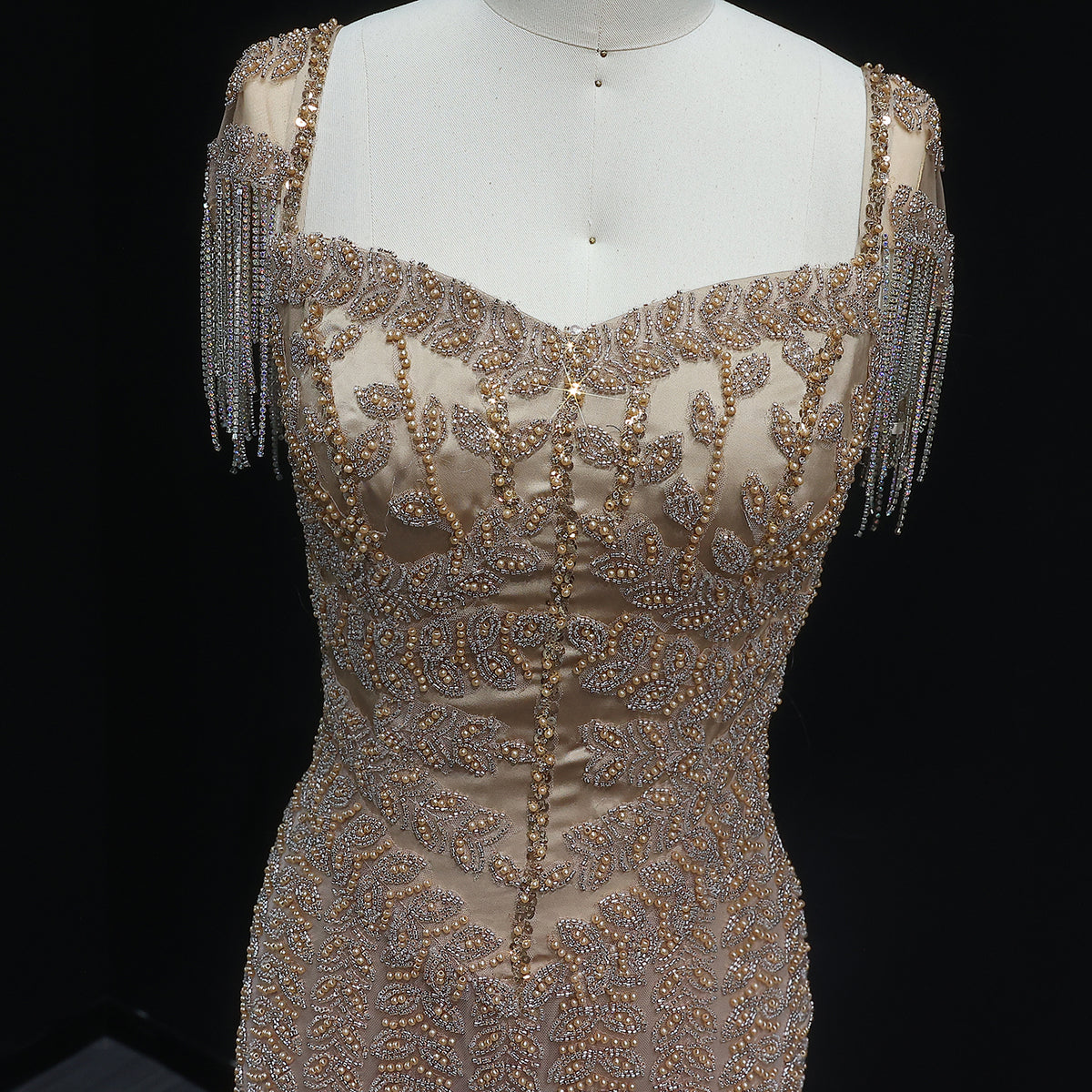 Luxury Tassel Cream Straight Evening Dress SS712 