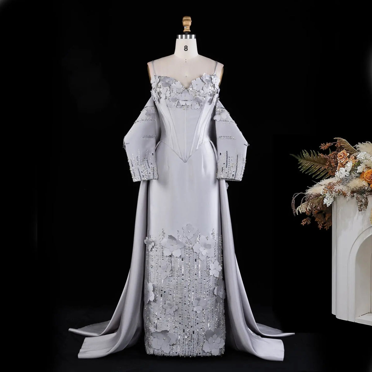 Gray Spaghetti Strap Floral Applique Evening Gown XD005-3