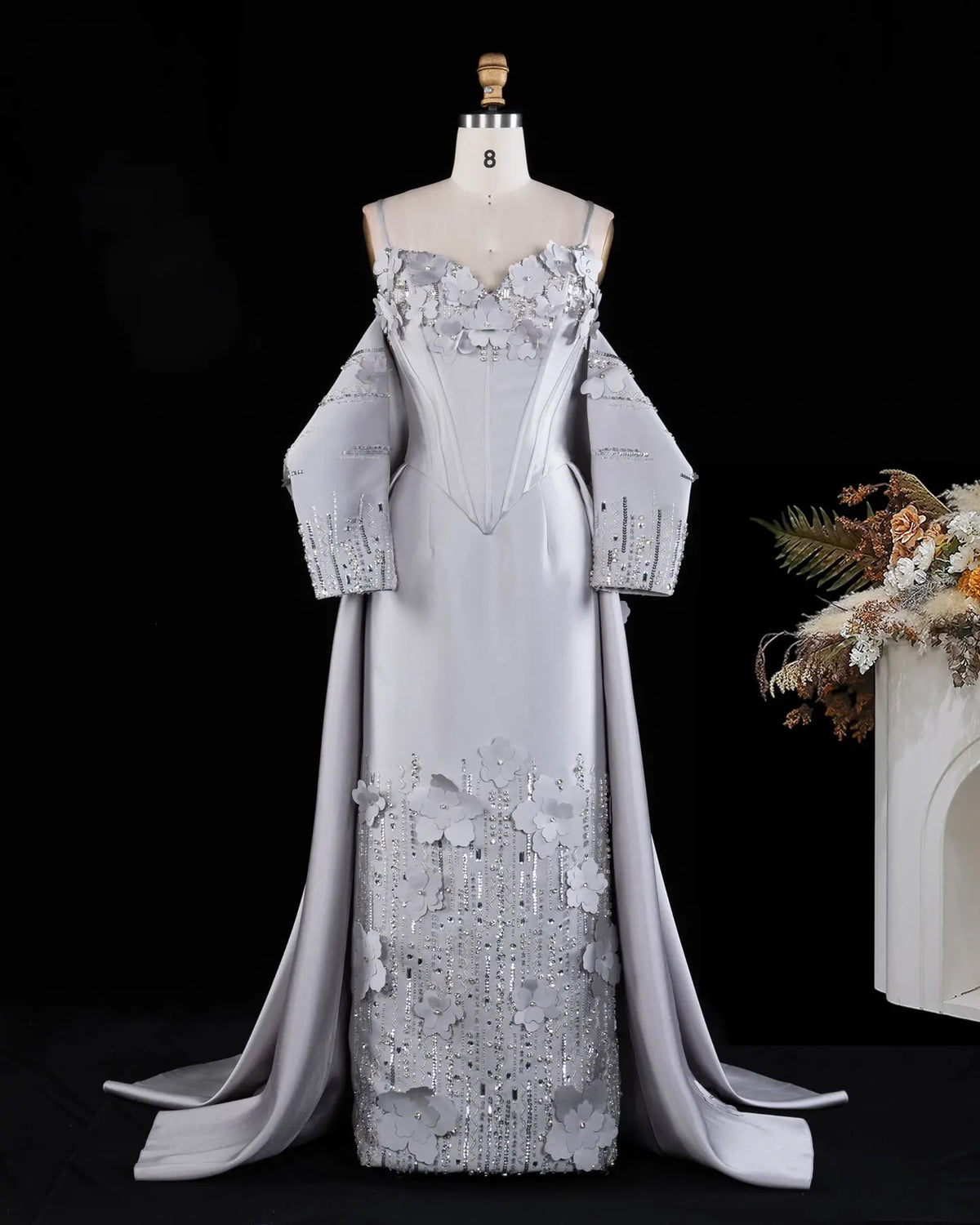 Gray Spaghetti Strap Floral Applique Evening Gown XD005-2