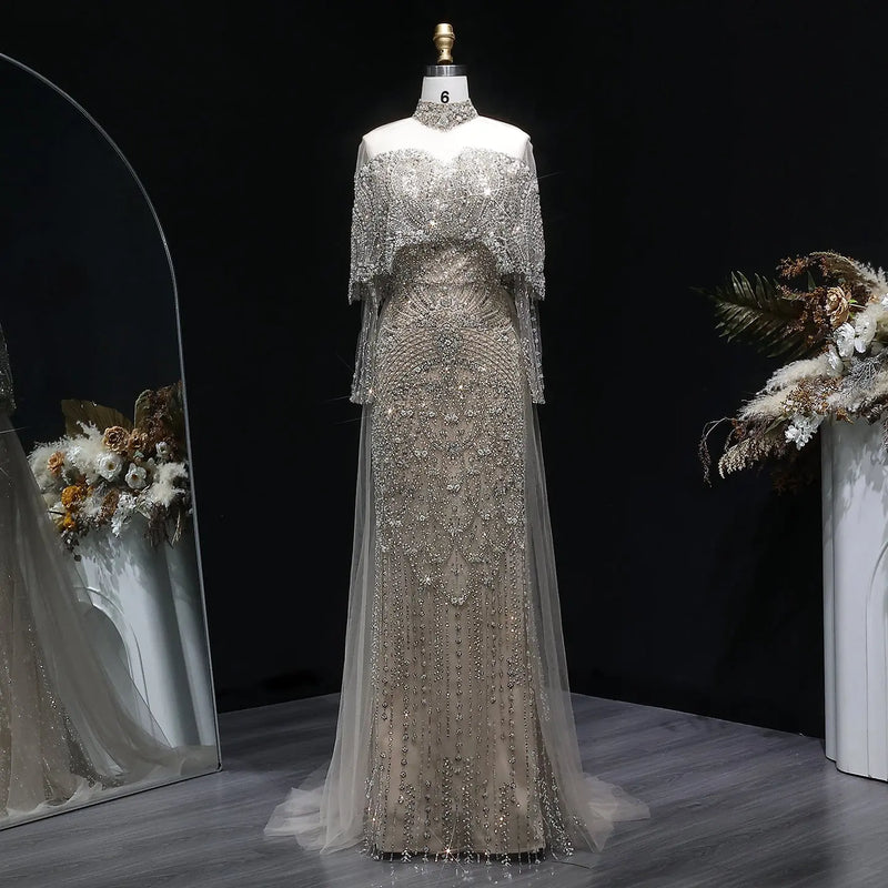 Luxury Gray Beaded Crystal Evening Dress with Cape SS557 