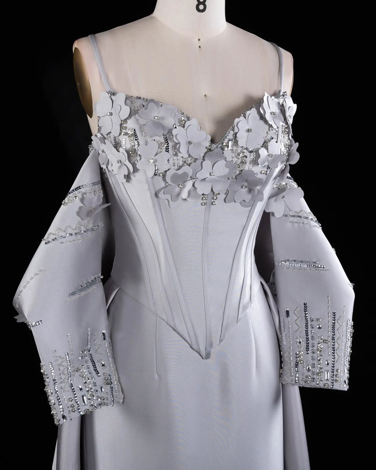 Gray Spaghetti Strap Floral Applique Evening Gown XD005-6