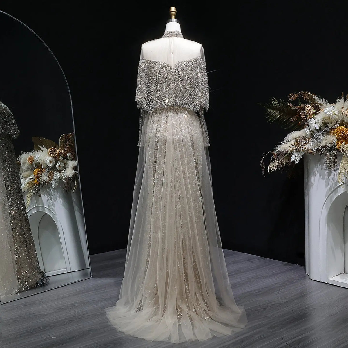 Luxury Gray Beaded Crystal Evening Dress with Cape SS557 Luxury Gray Beaded Crystal Evening Dress with Cape SS557