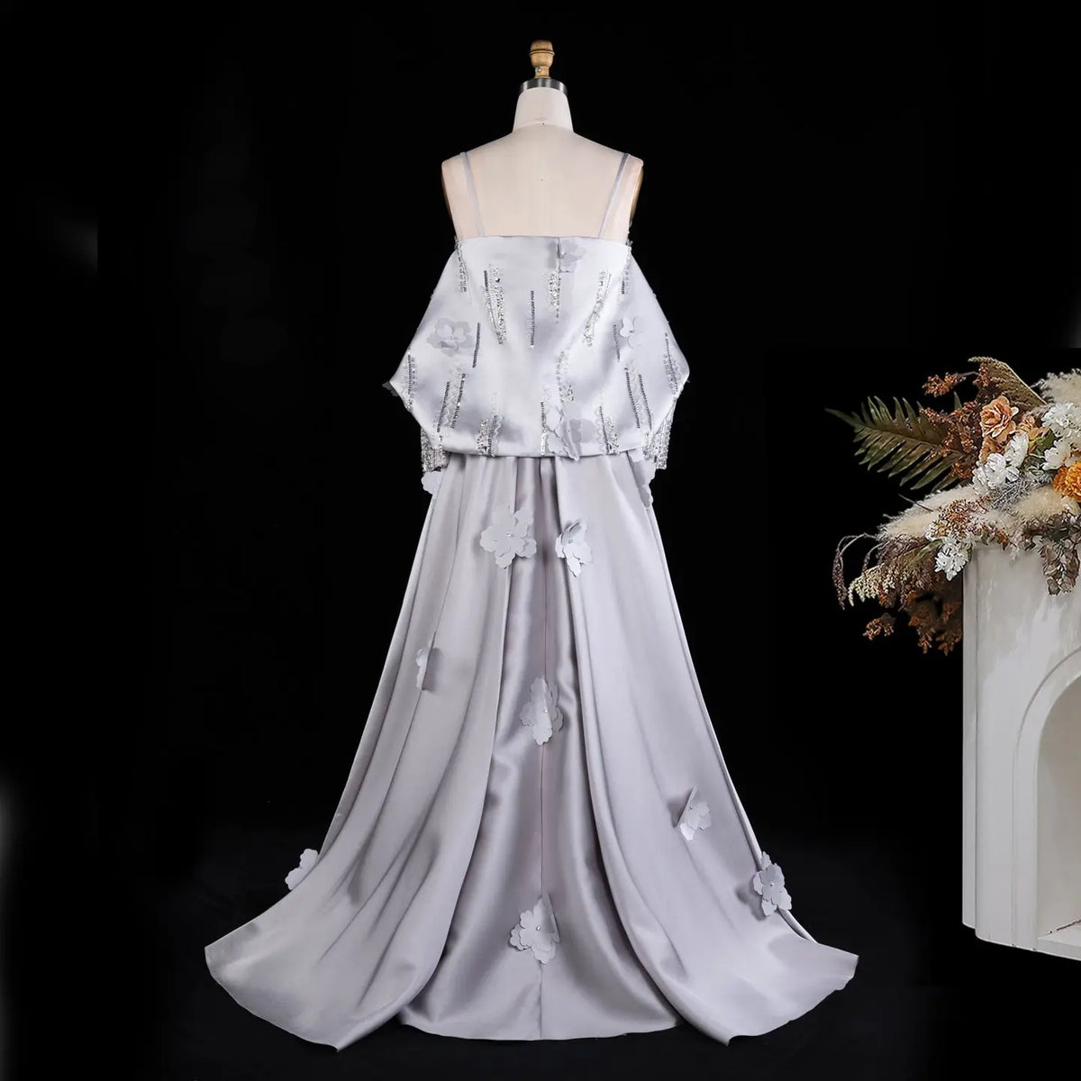Gray Spaghetti Strap Floral Applique Evening Gown XD005-12