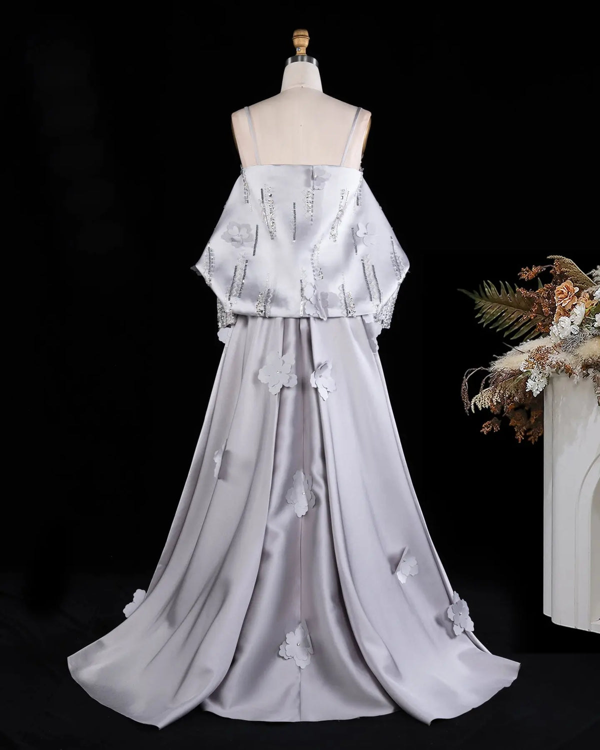 Gray Spaghetti Strap Floral Applique Evening Gown XD005-11