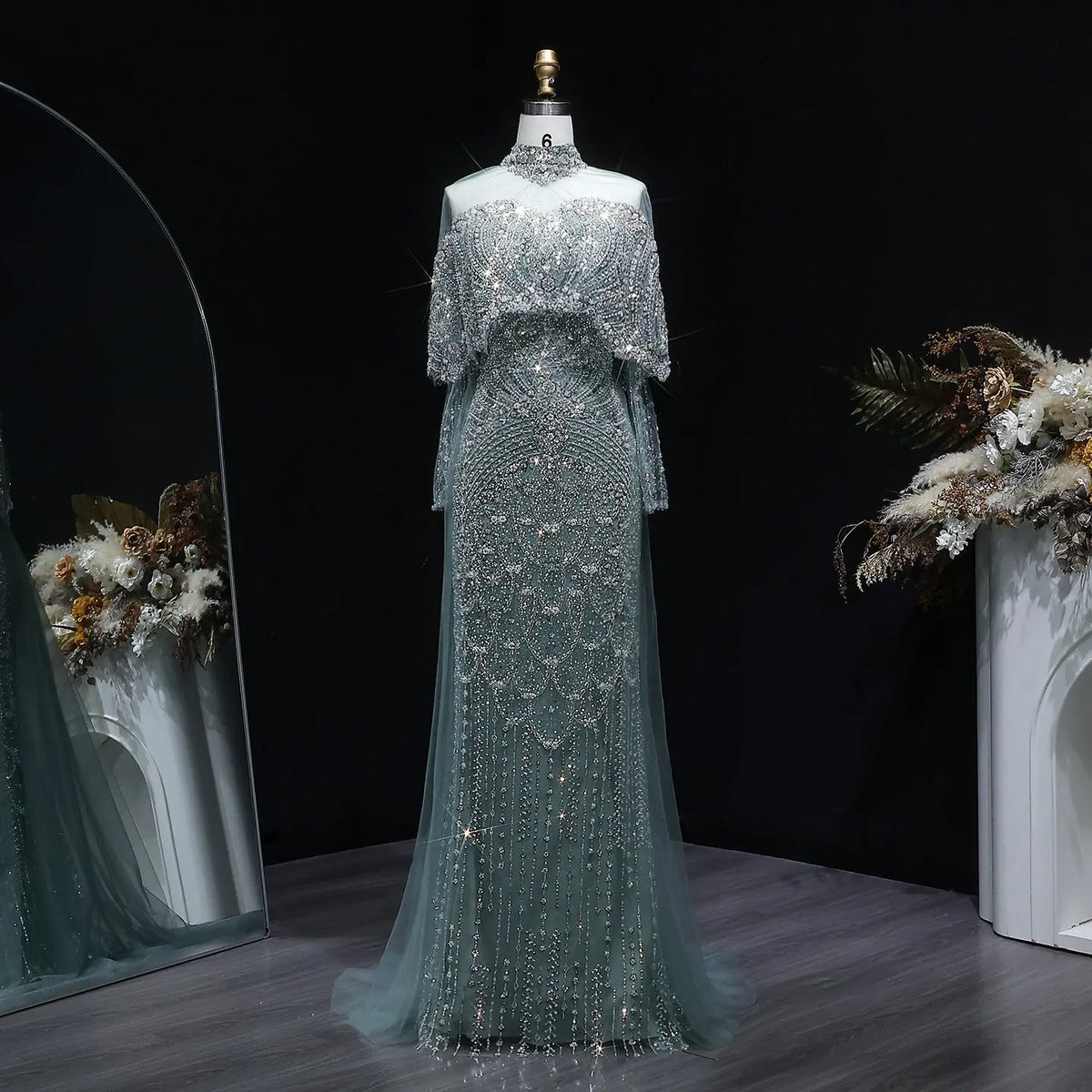 Luxury Gray Beaded Crystal Evening Dress with Cape SS557 Luxury Gray Beaded Crystal Evening Dress with Cape SS557
