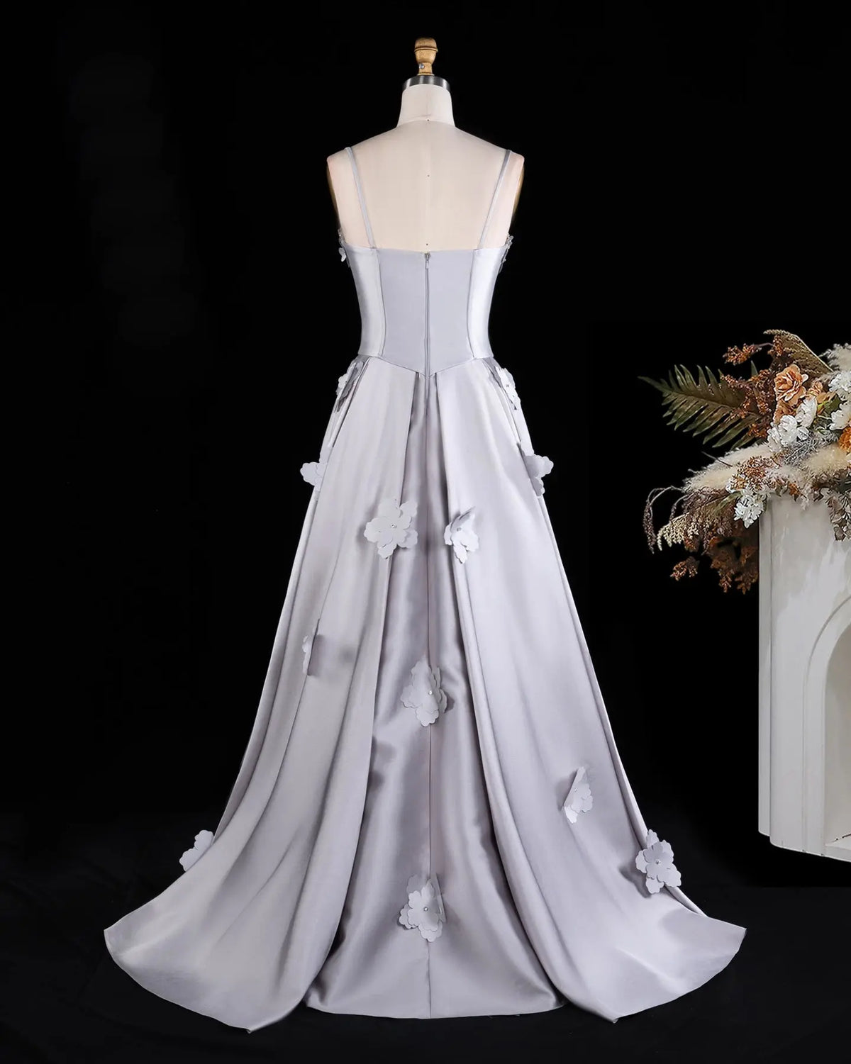 Gray Spaghetti Strap Floral Applique Evening Gown XD005-13
