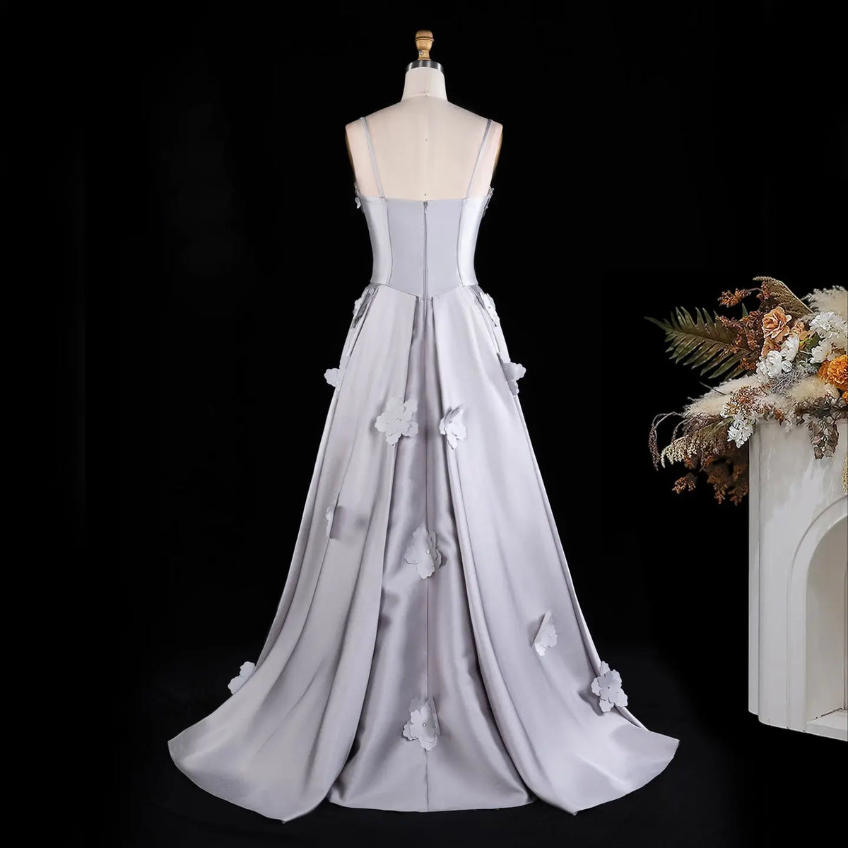 Gray Spaghetti Strap Floral Applique Evening Gown XD005-14