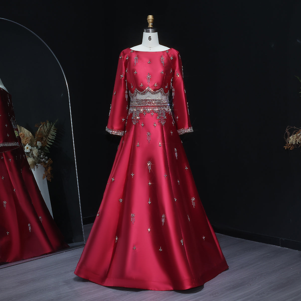 Luxury Burgundy Crystal Beaded 2 Piece Long Sleeve Evening Dress SS573 