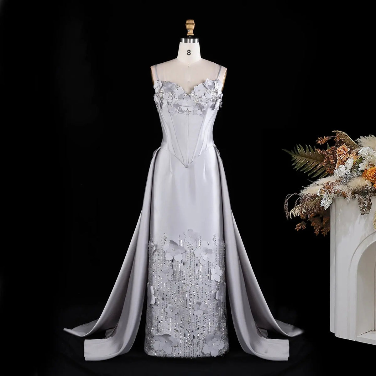 Gray Spaghetti Strap Floral Applique Evening Gown XD005-16