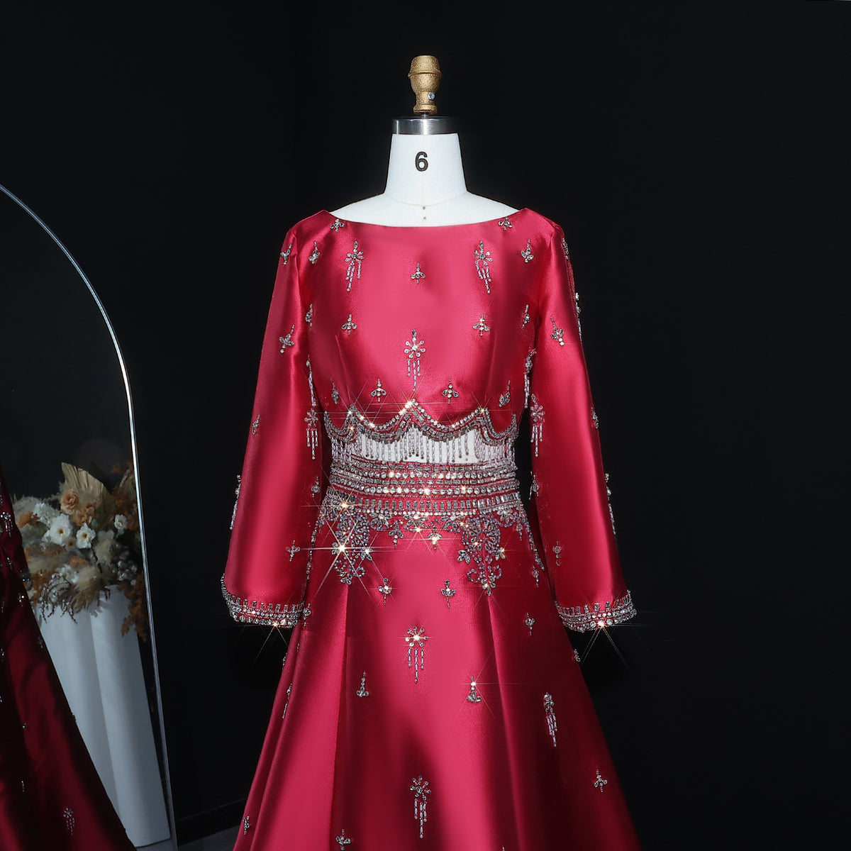 Luxury Burgundy Crystal Beaded 2 Piece Long Sleeve Evening Dress SS573 