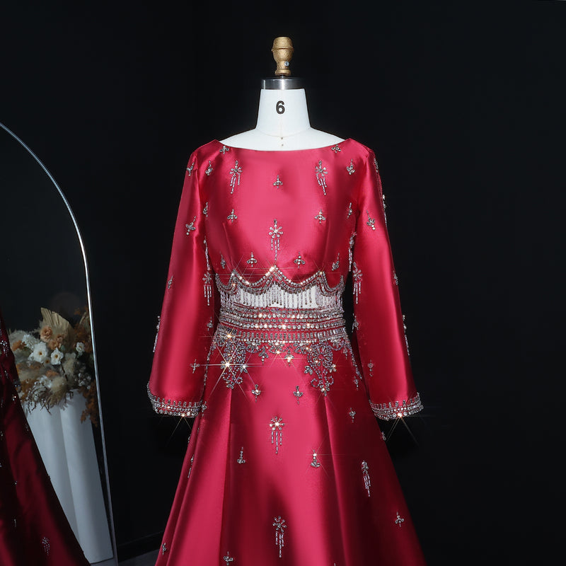 Luxury Burgundy Crystal Beaded 2 Piece Long Sleeve Evening Dress SS573 