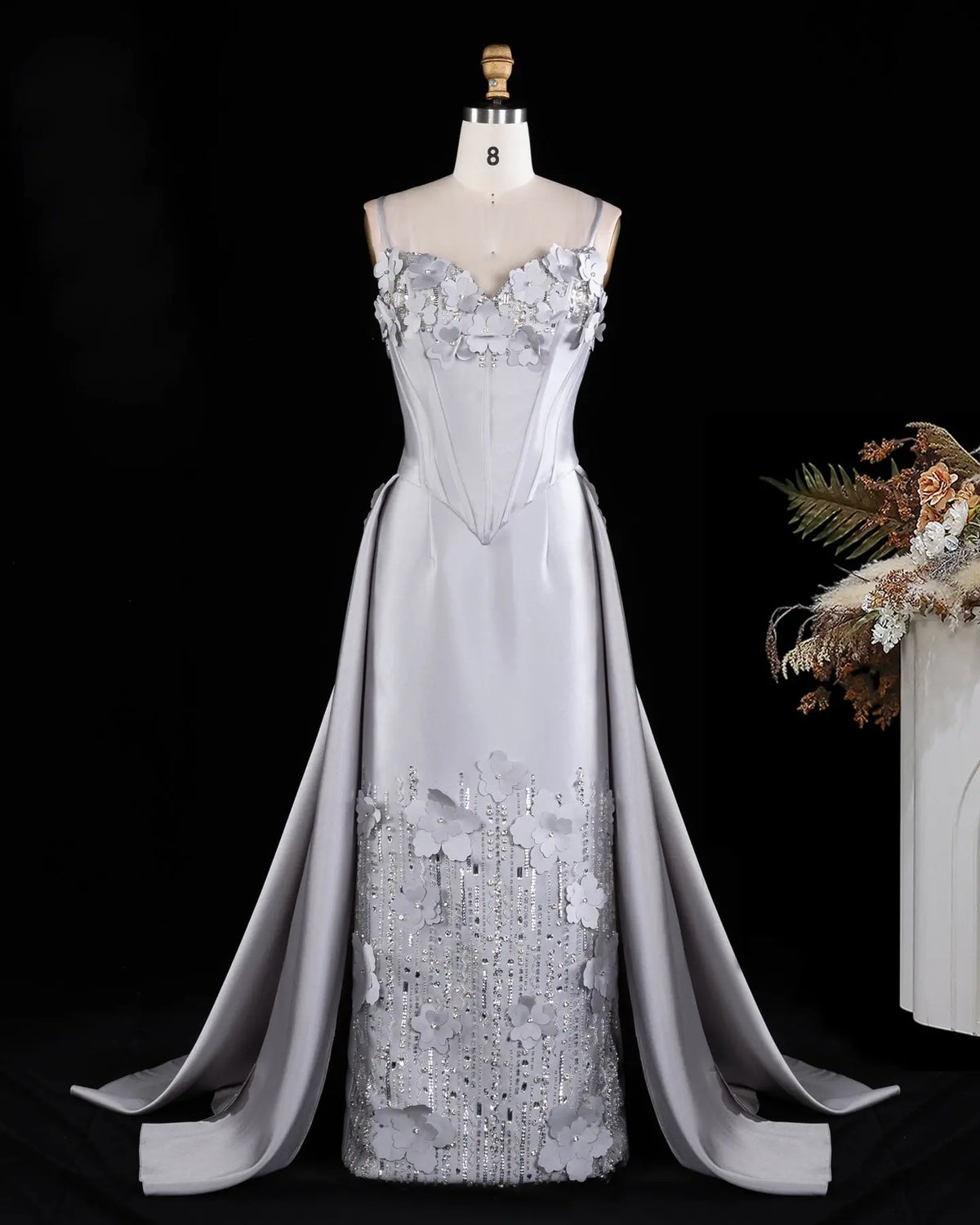 Gray Spaghetti Strap Floral Applique Evening Gown XD005-15