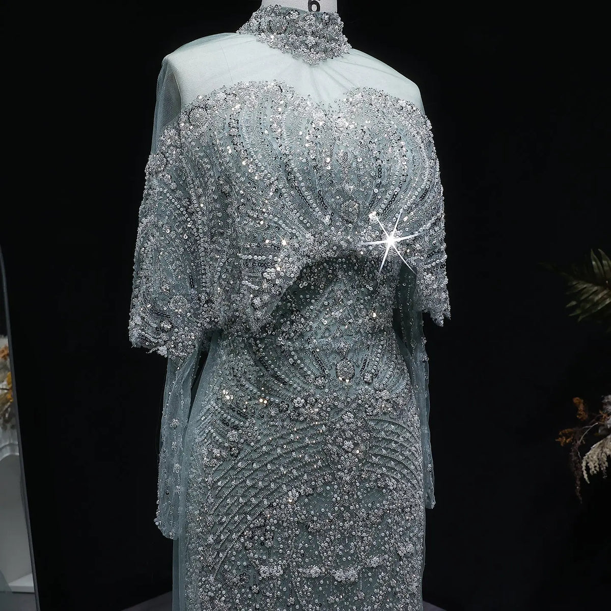 Luxury Gray Beaded Crystal Evening Dress with Cape SS557 Luxury Gray Beaded Crystal Evening Dress with Cape SS557
