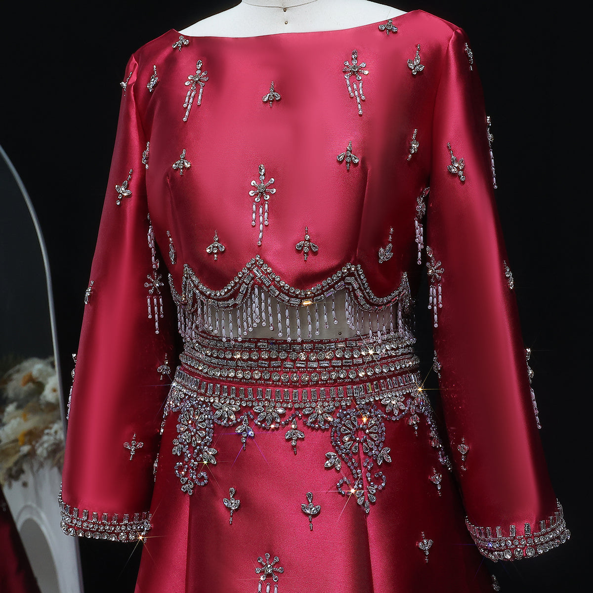 Luxury Burgundy Crystal Beaded 2 Piece Long Sleeve Evening Dress SS573 