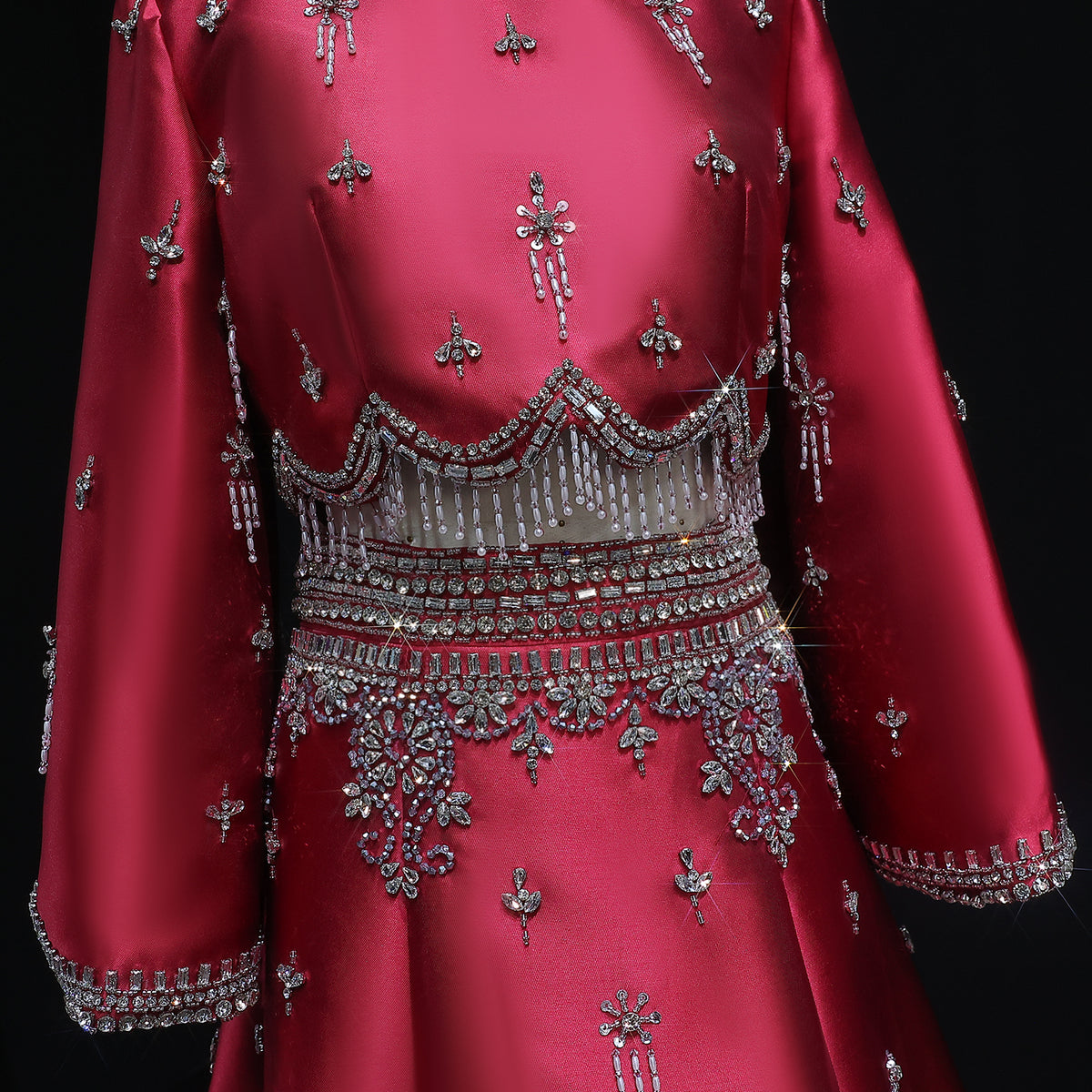 Luxury Burgundy Crystal Beaded 2 Piece Long Sleeve Evening Dress SS573 