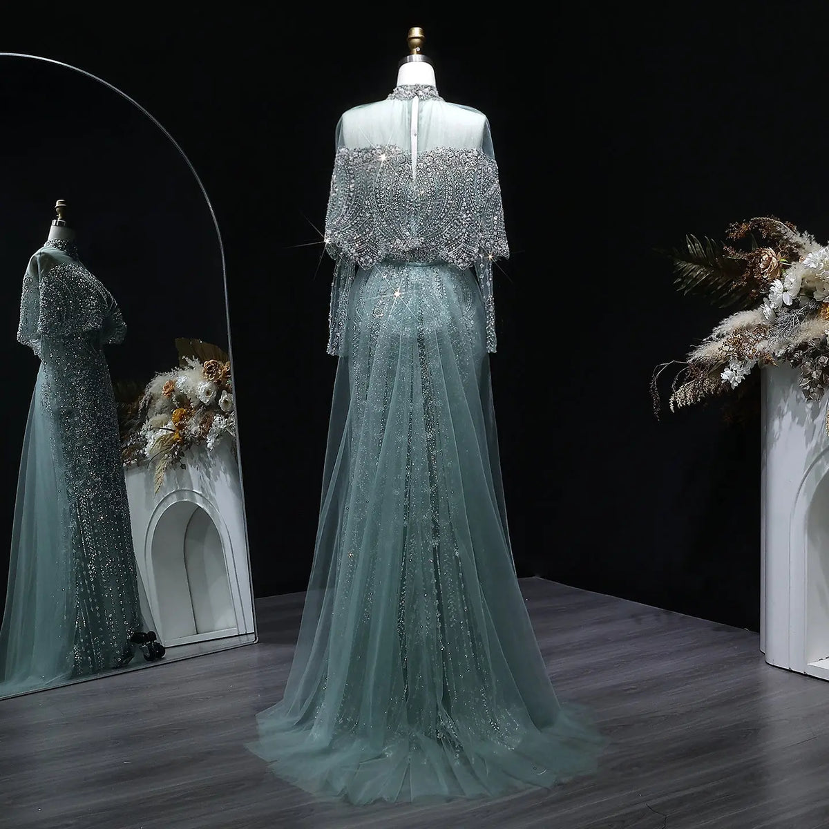 Luxury Gray Beaded Crystal Evening Dress with Cape SS557 Luxury Gray Beaded Crystal Evening Dress with Cape SS557
