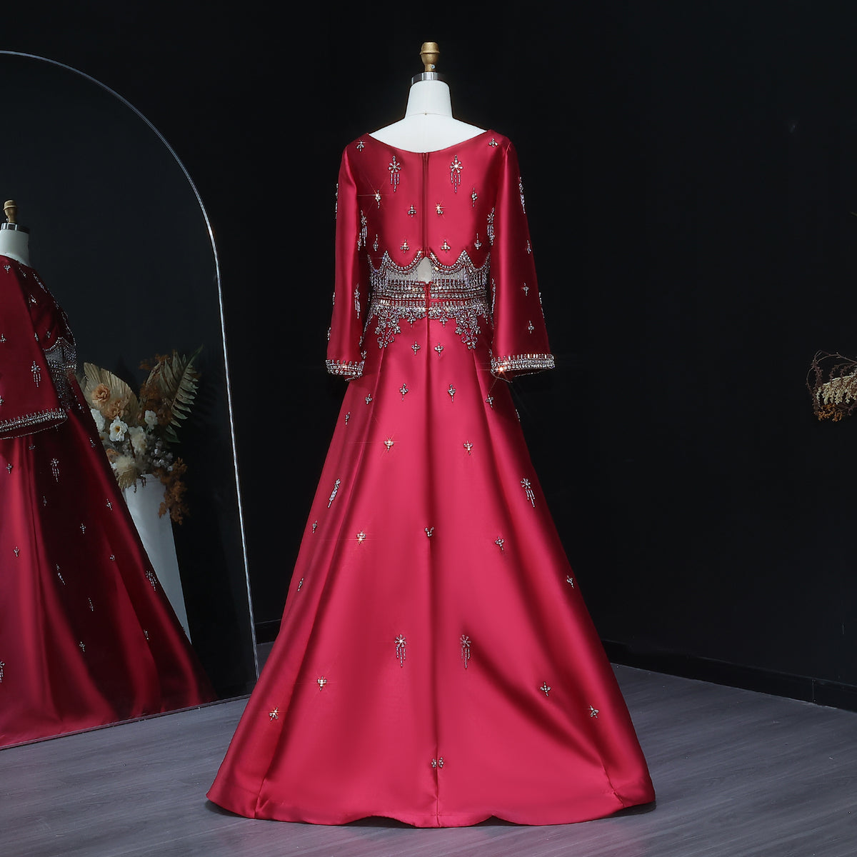 Luxury Burgundy Crystal Beaded 2 Piece Long Sleeve Evening Dress SS573 