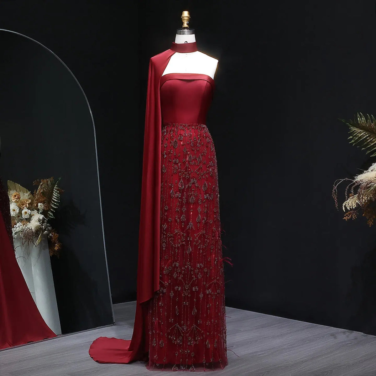 Luxury Sage Green Feathers Evening Dress with Scarf Cape SS014 