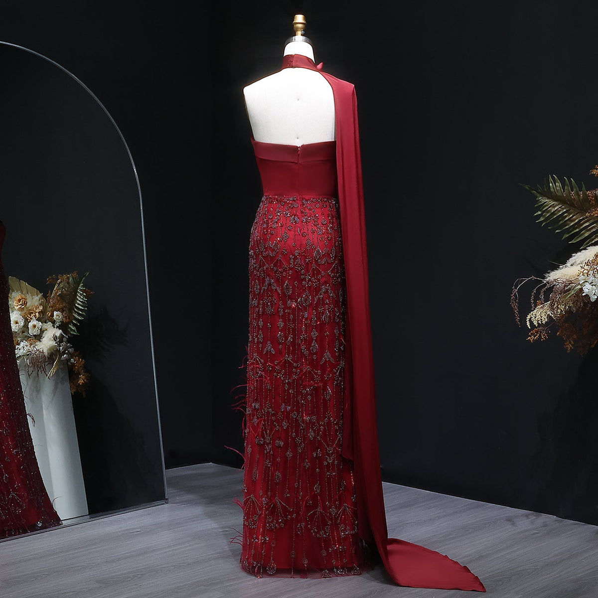 Luxury Sage Green Feathers Evening Dress with Scarf Cape SS014