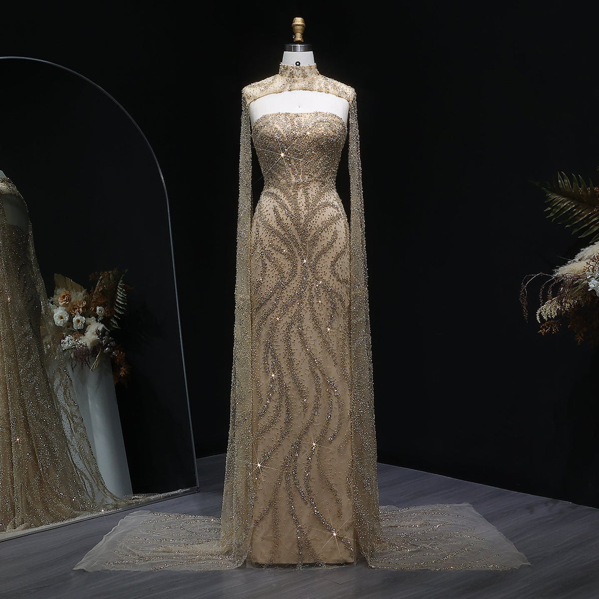 Luxury Beaded Red Mermaid Evening Dress with Cape Sleeves SH543