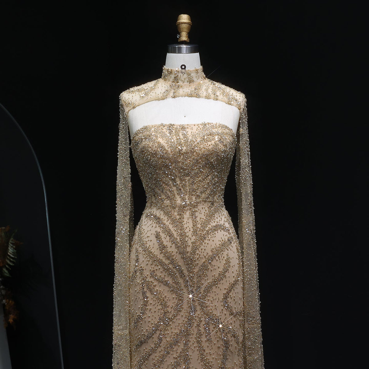 Luxury Beaded Red Mermaid Evening Dress with Cape Sleeves SH543