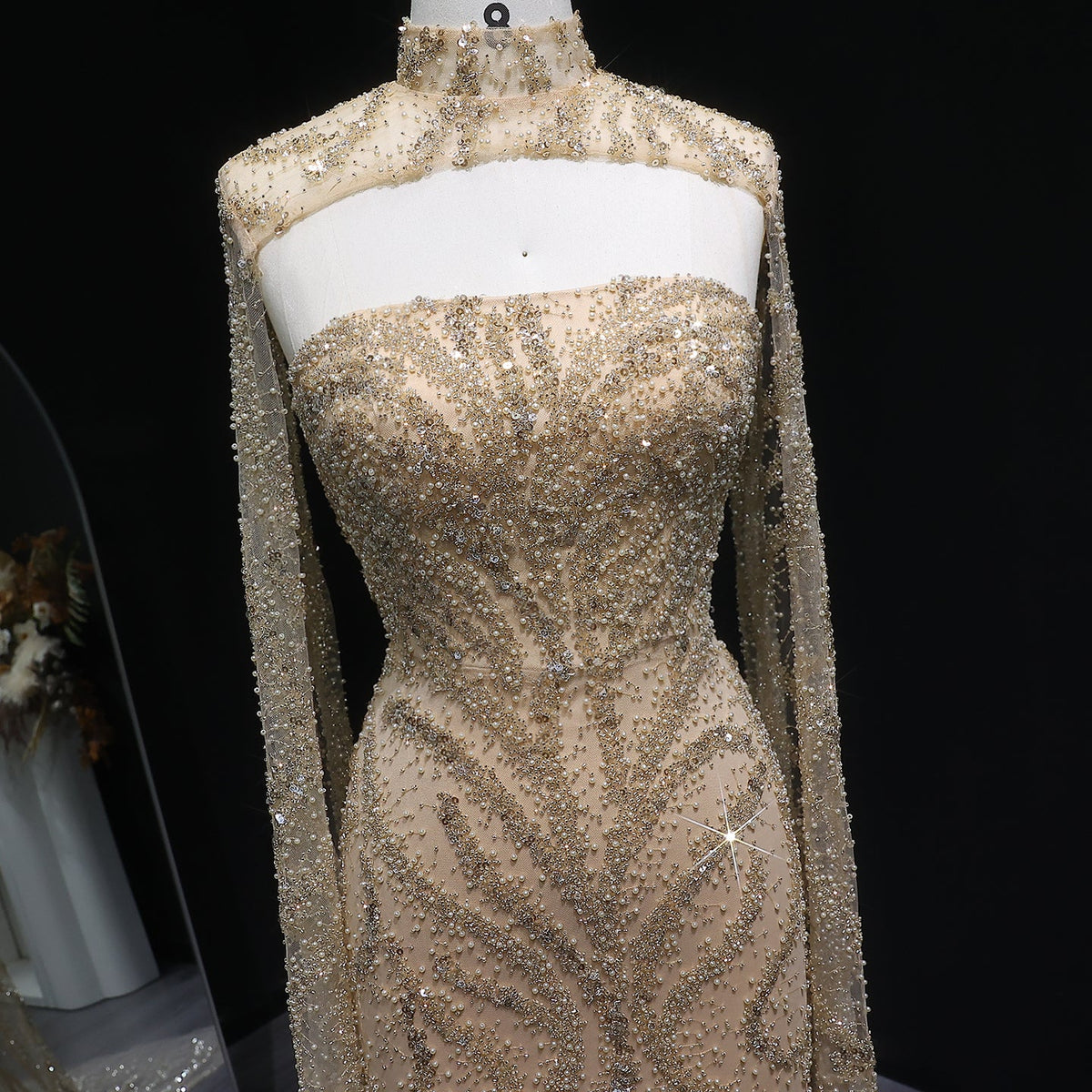 Luxury Beaded Red Mermaid Evening Dress with Cape Sleeves SH543