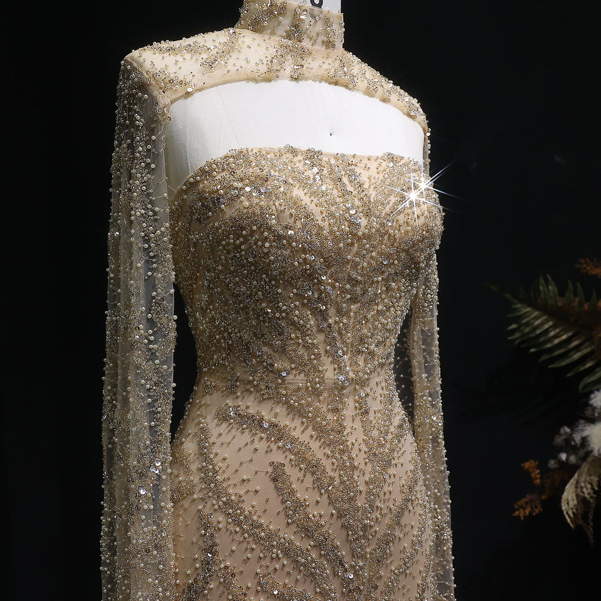 Luxury Beaded Red Mermaid Evening Dress with Cape Sleeves SH543