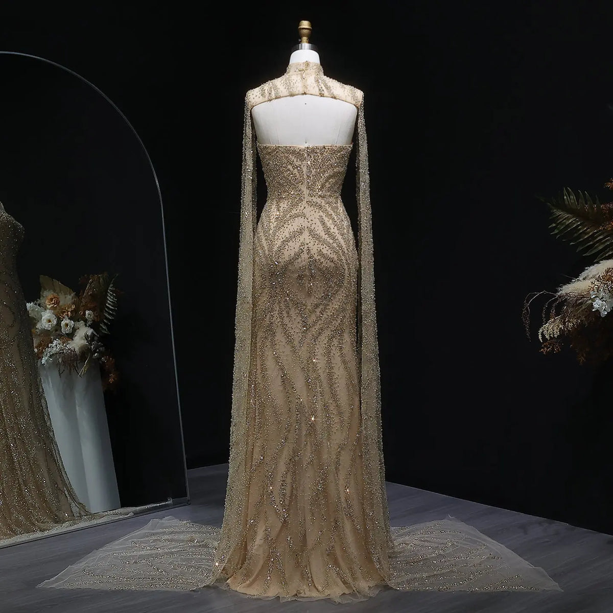 Glamorous Beaded Evening Dress with Flowing Cape Sleeves SS663 Silver Nude / 18 Glamorous Beaded Evening Dress with Flowing Cape Sleeves SS663 Silver Nude / 18