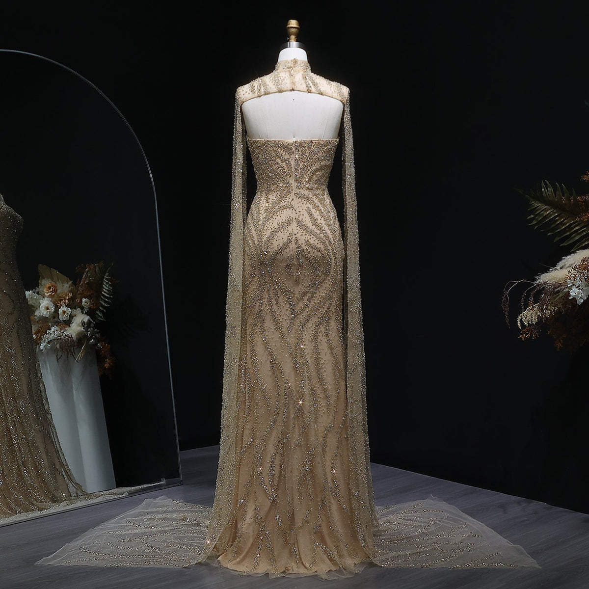 Luxury Beaded Red Mermaid Evening Dress with Cape Sleeves SH543