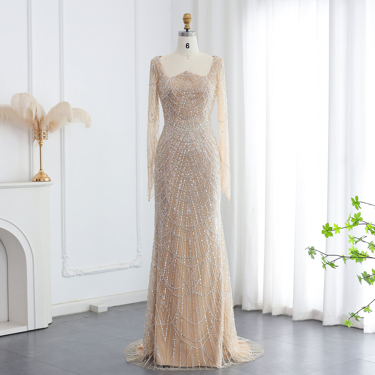 Luxury Beaded Champagne Long Sleeves Mermaid Evening Dress SS114