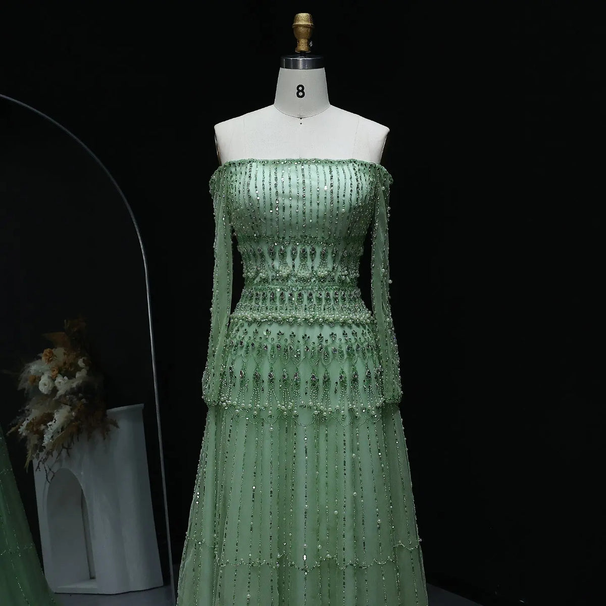 sage green semi formal dress Elegant Off Shoulder Sage Green Evening Dress SS588