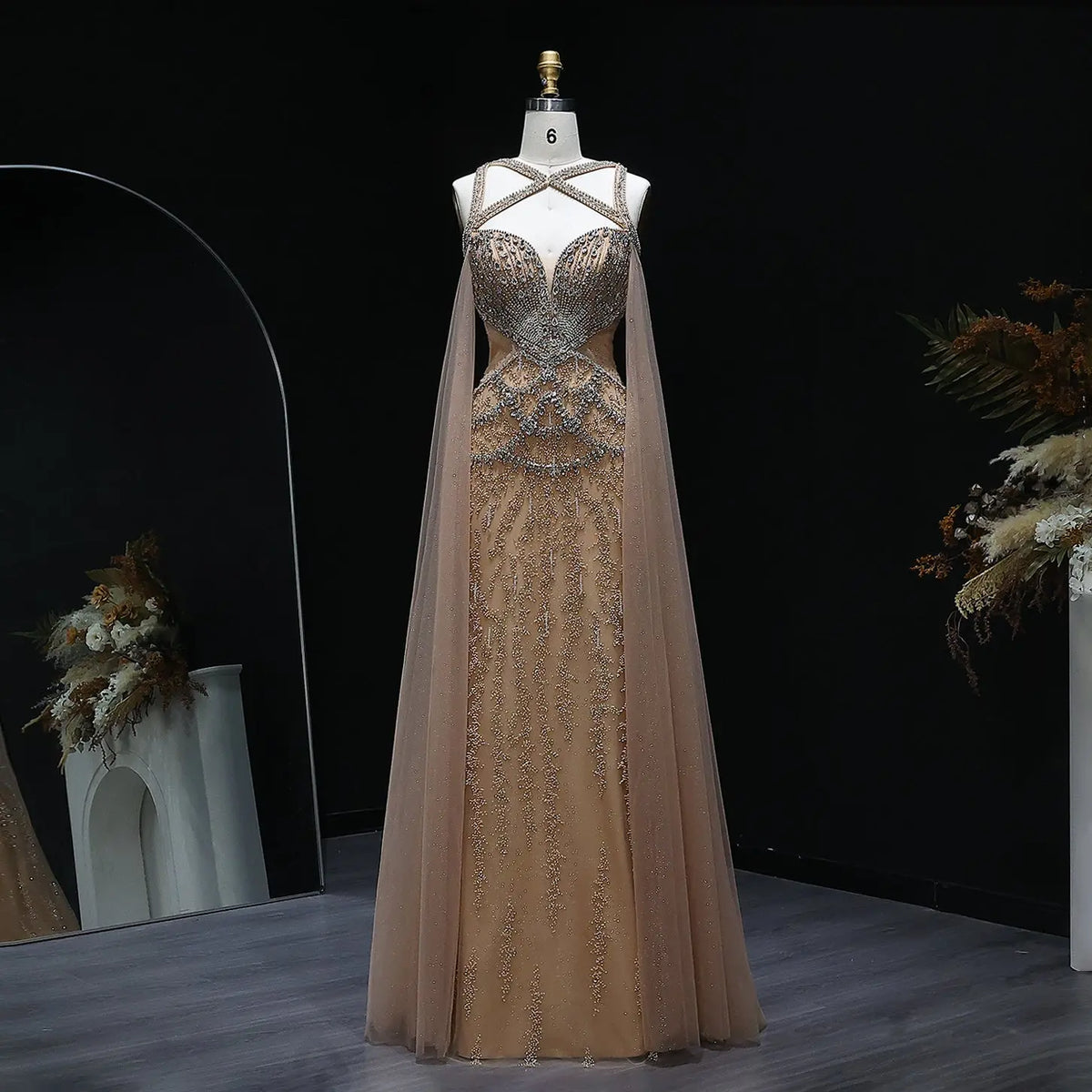 Final Sale Luxury Crystal Evening Dress with Cape Sleeves SS211 Final Sale Luxury Crystal Evening Dress with Cape Sleeves SS211