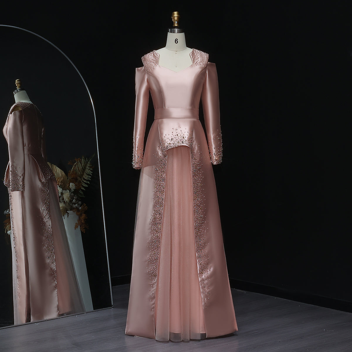 Elegant Pink Crystal Long Sleeve Evening Dress with Overskirt XD021 