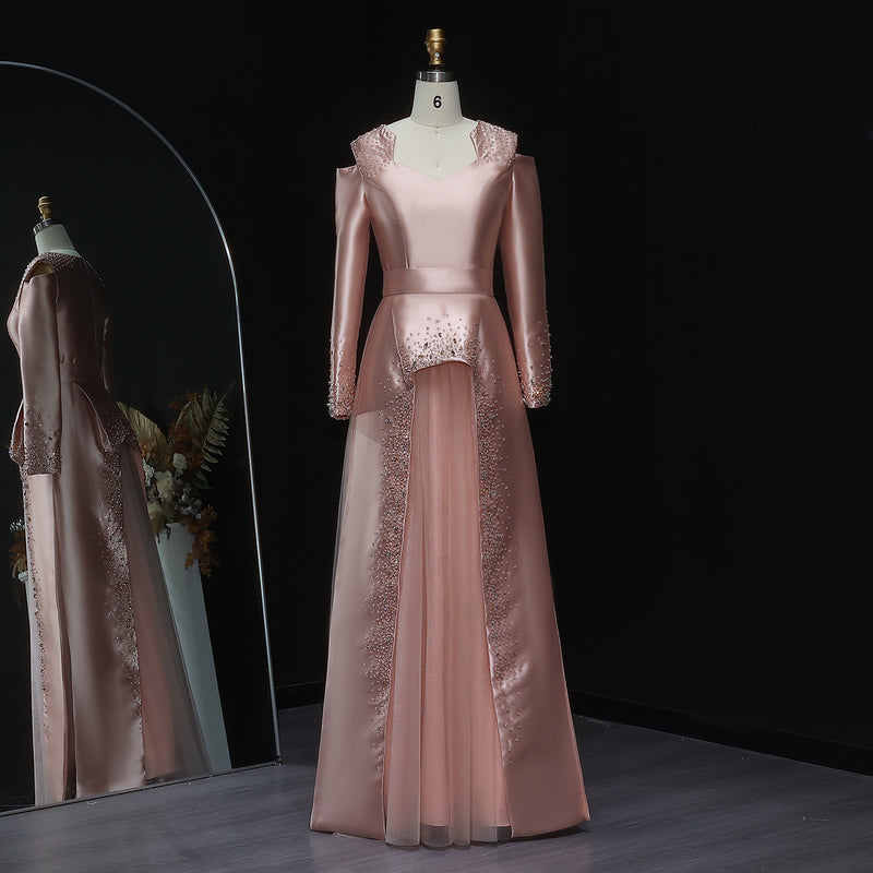 Elegant Pink Crystal Long Sleeve Evening Dress with Overskirt XD021 