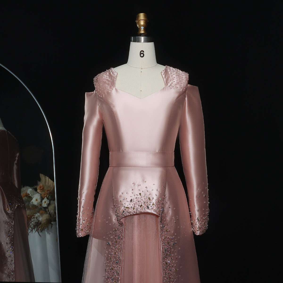 Elegant Pink Crystal Long Sleeve Evening Dress with Overskirt XD021 