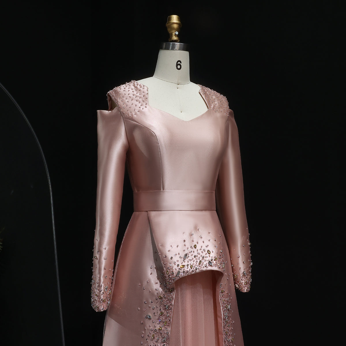 Elegant Pink Crystal Long Sleeve Evening Dress with Overskirt XD021 