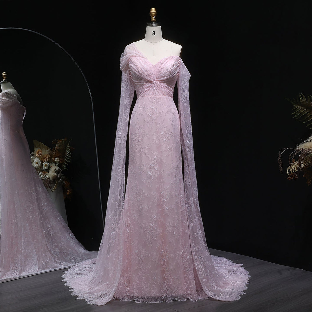 Purple Lace Mermaid Evening Dress with Cape Sleeves SF055  Pink / US 16