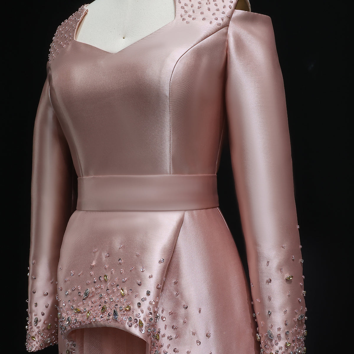 Elegant Pink Crystal Long Sleeve Evening Dress with Overskirt XD021 
