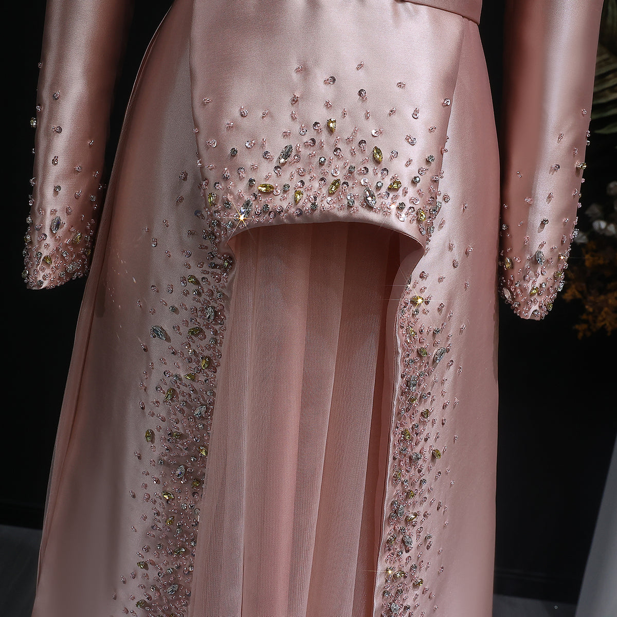 Elegant Pink Crystal Long Sleeve Evening Dress with Overskirt XD021 