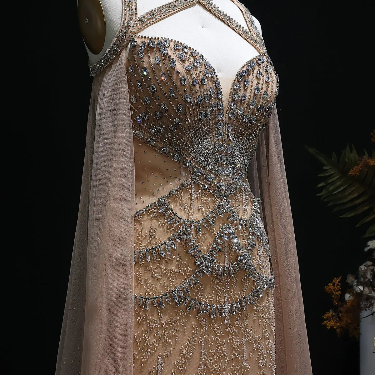 Final Sale Luxury Crystal Evening Dress with Cape Sleeves SS211 Final Sale Luxury Crystal Evening Dress with Cape Sleeves SS211