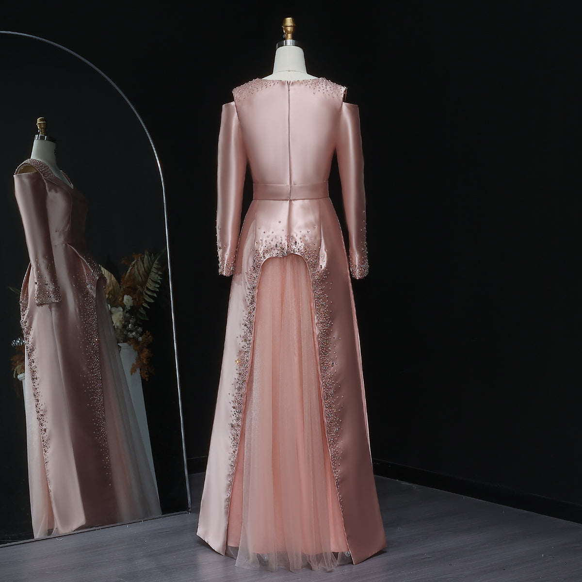 Elegant Pink Crystal Long Sleeve Evening Dress with Overskirt XD021 