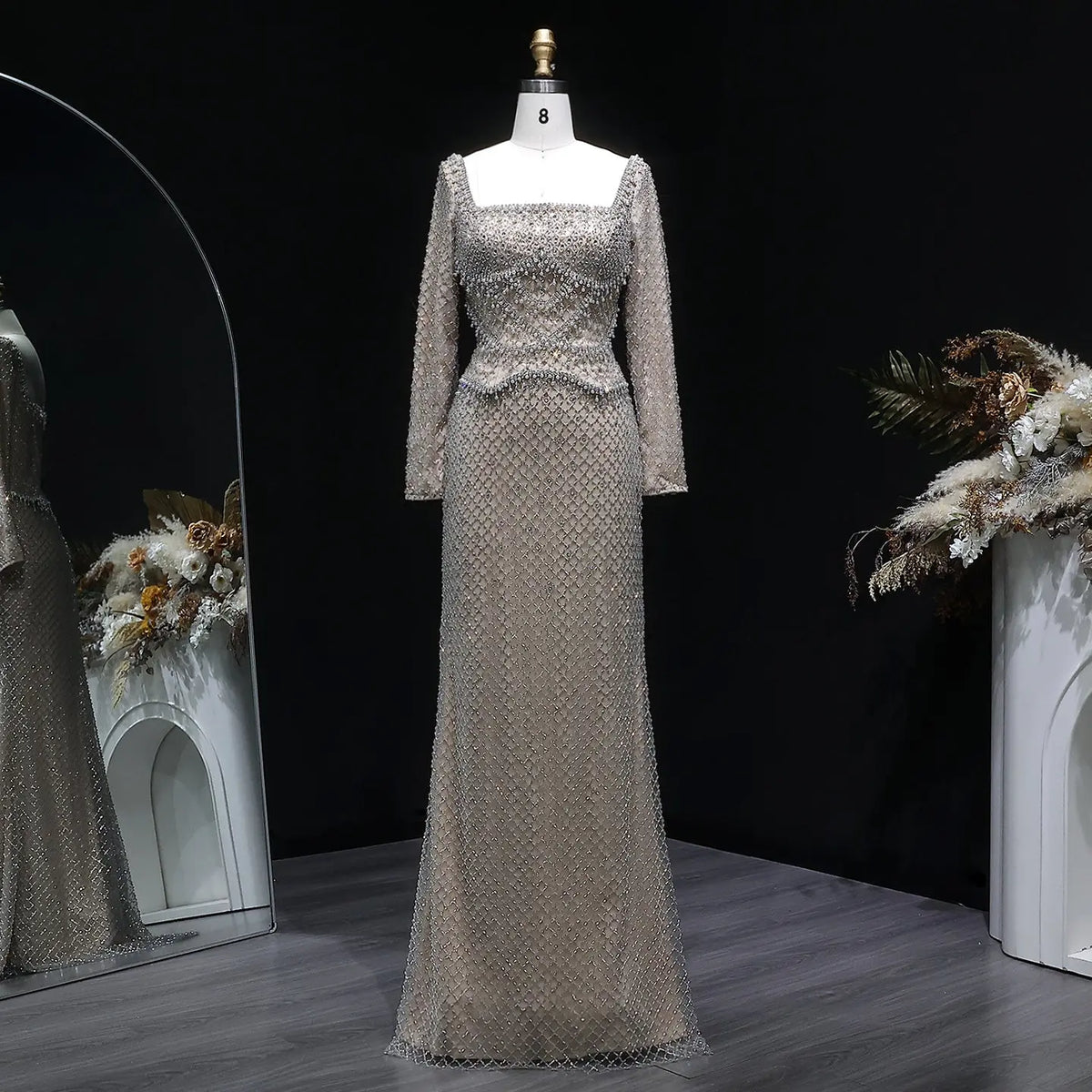 Luxury Dubai Gray Crystal Evening Dress with Long Sleeves SS633 