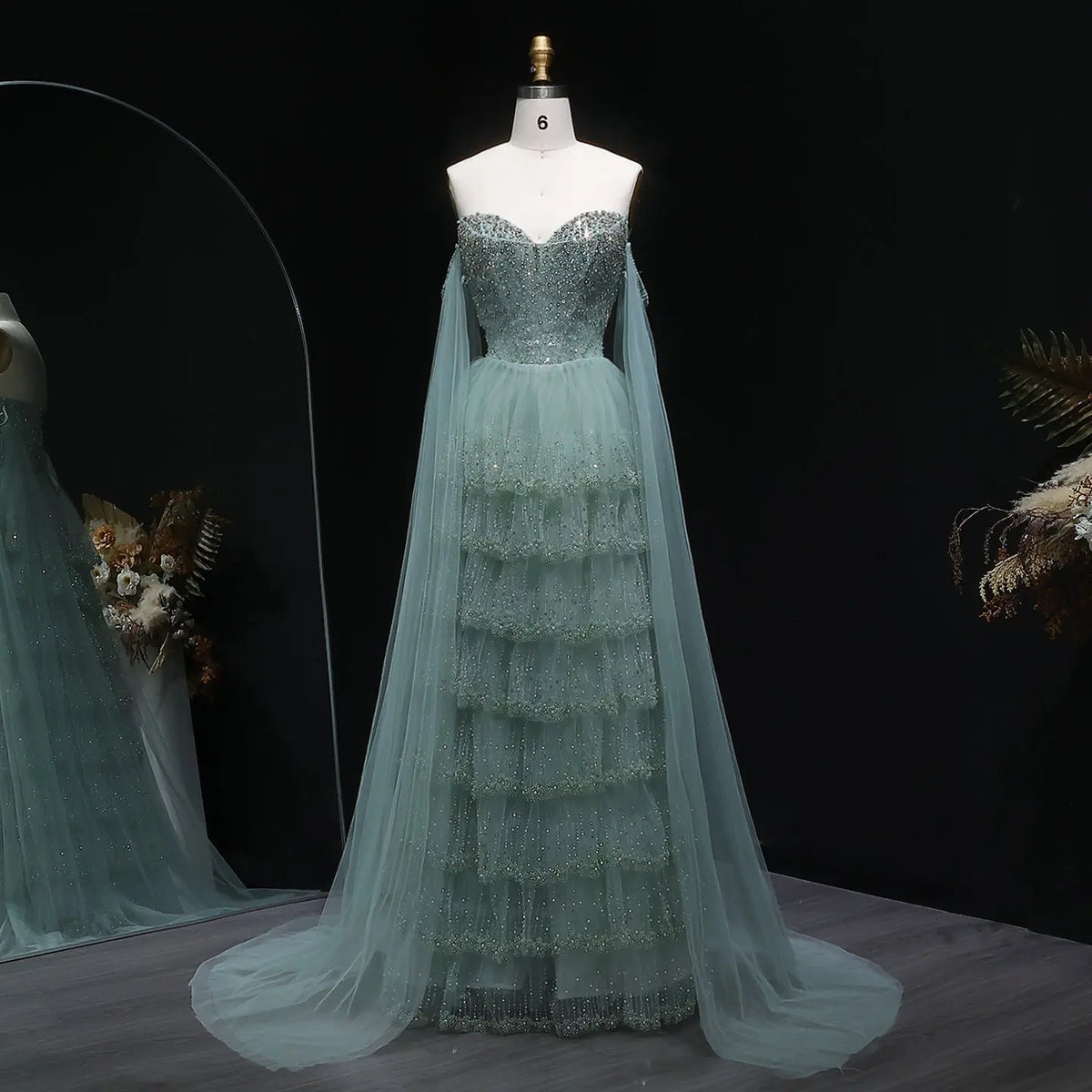 Elegant Off-Shoulder Green Tiered Tulle Evening Dress with Flowing Sleeves SS532 