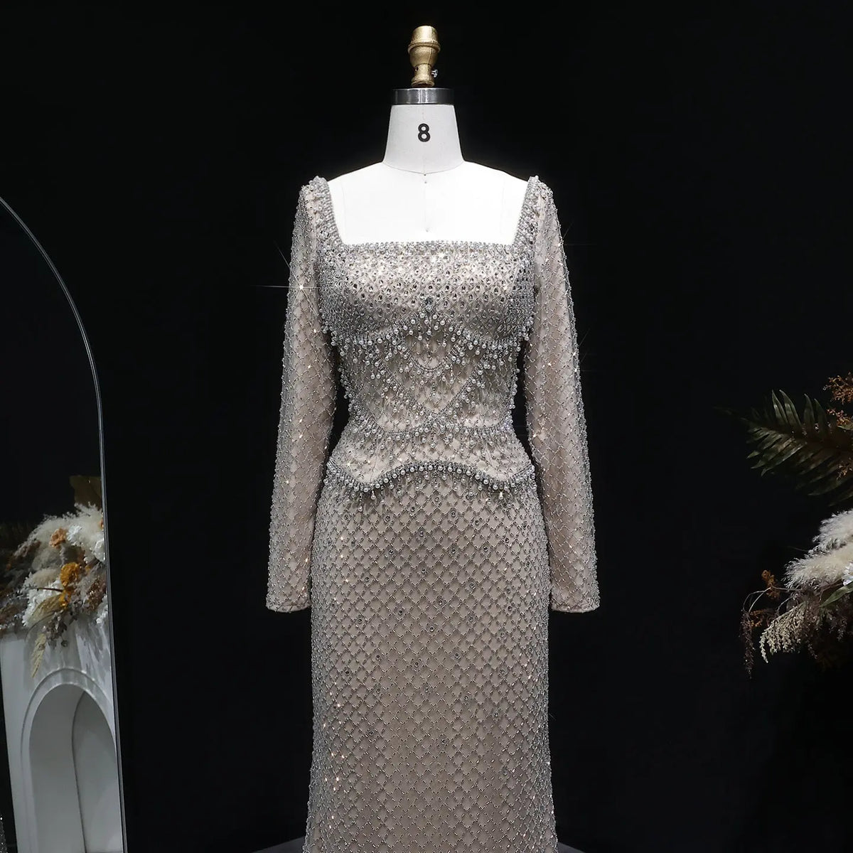 Luxury Dubai Gray Crystal Evening Dress with Long Sleeves SS633 