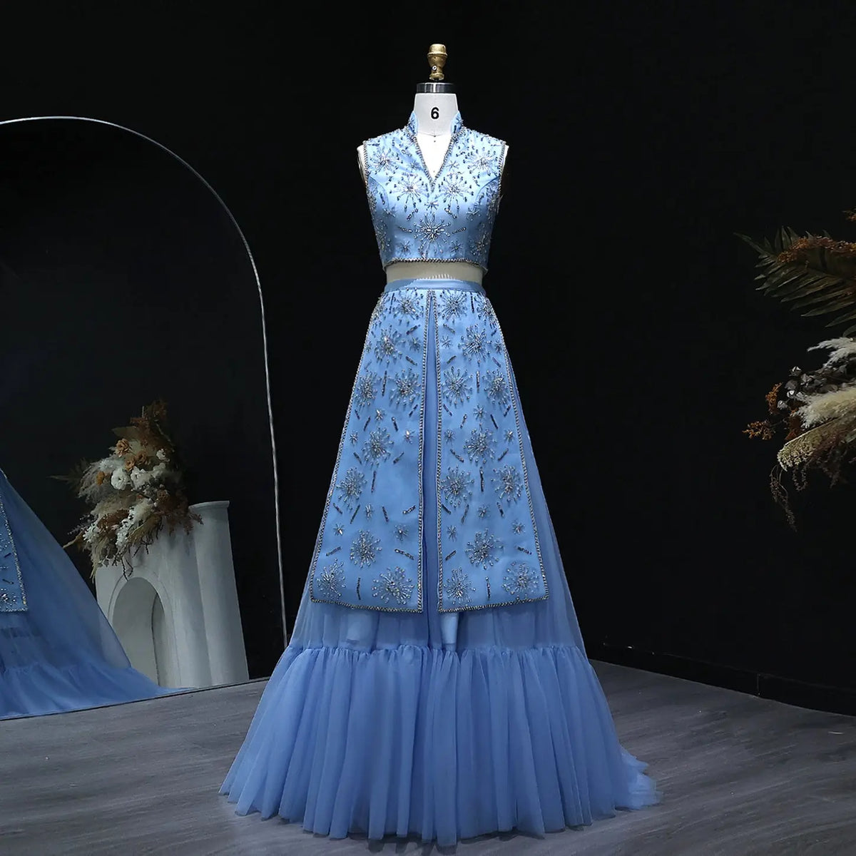 Final Sale Luxury Blue Beaded 2 pieces Evening Dress with ruffles SS597 Final Sale Luxury Blue Beaded 2 pieces Evening Dress with ruffles SS597