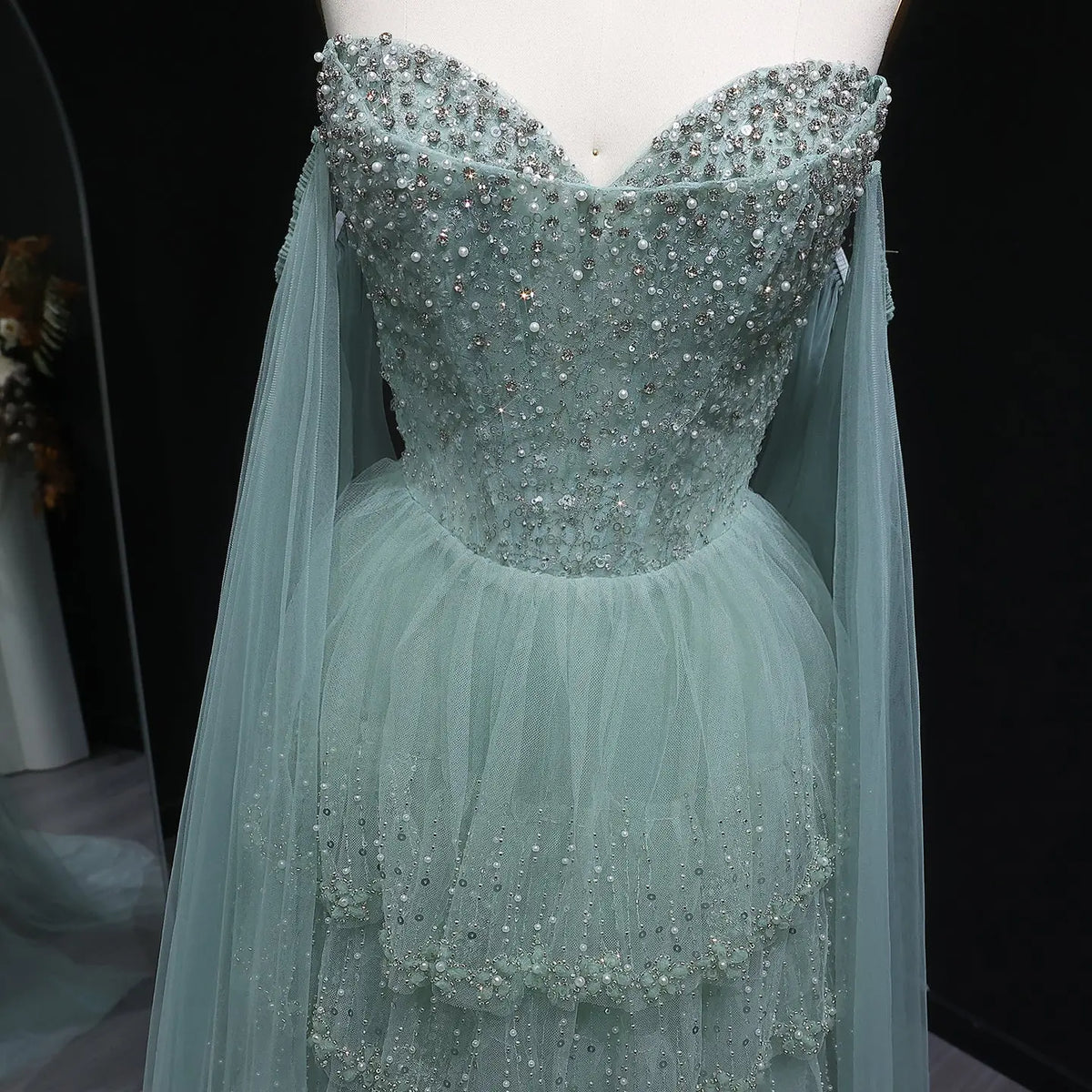 Elegant Off-Shoulder Green Tiered Tulle Evening Dress with Flowing Sleeves SS532 