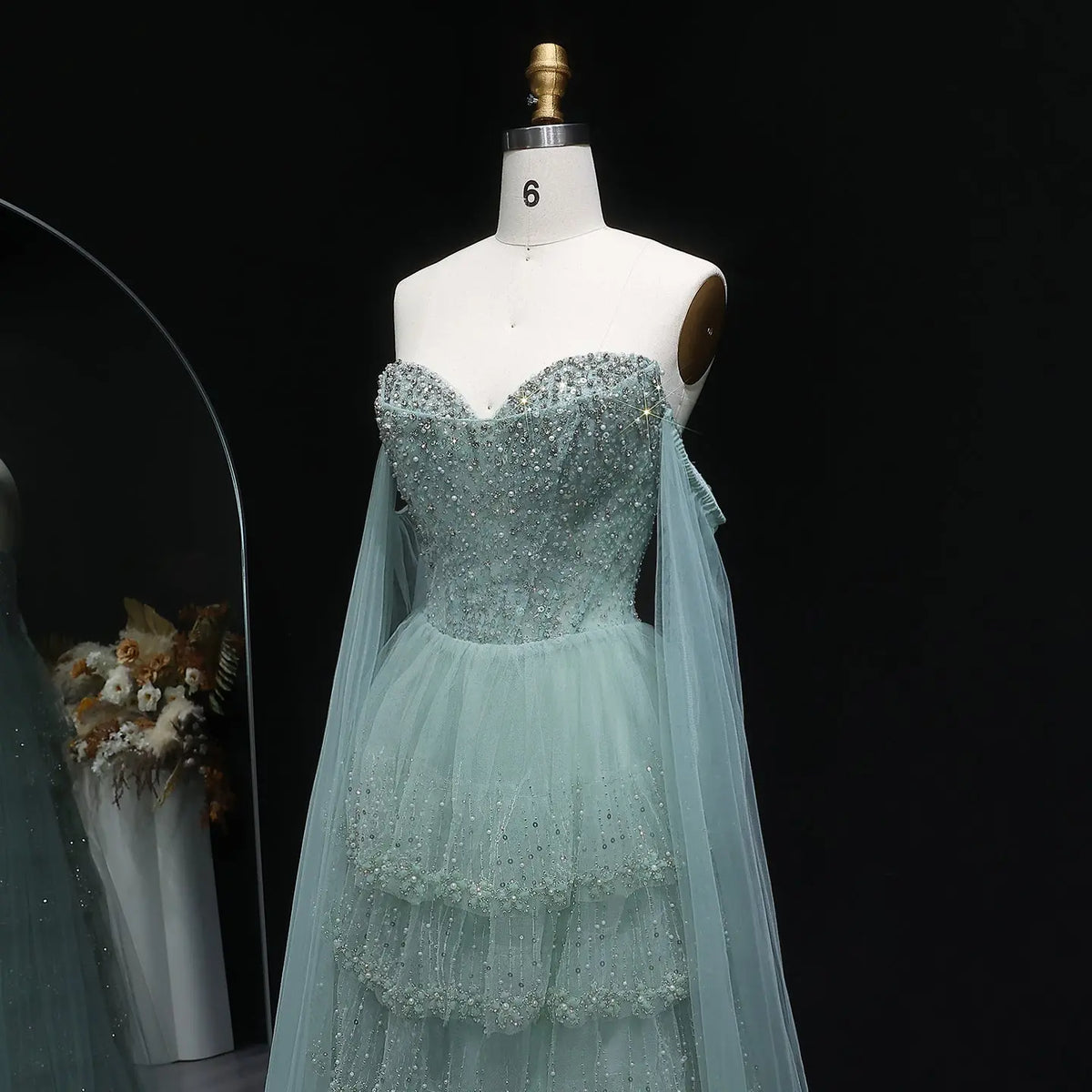 Elegant Off-Shoulder Green Tiered Tulle Evening Dress with Flowing Sleeves SS532 