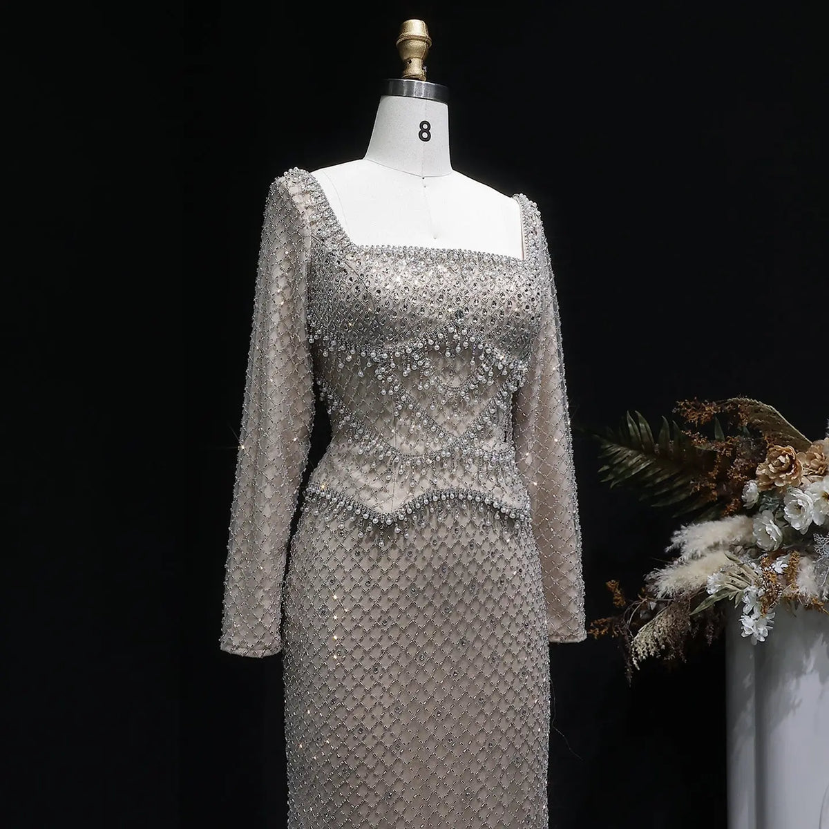 Luxury Dubai Gray Crystal Evening Dress with Long Sleeves SS633 