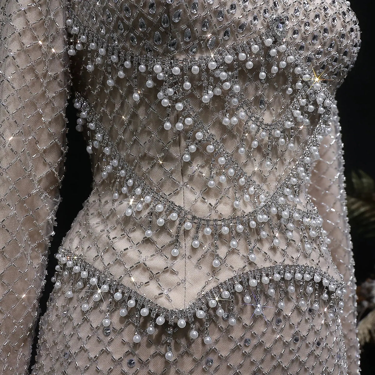 Luxury Dubai Gray Crystal Evening Dress with Long Sleeves SS633 