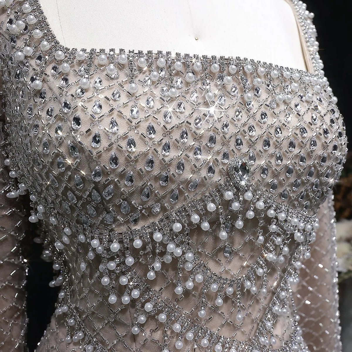 Luxury Dubai Gray Crystal Evening Dress with Long Sleeves SS633 